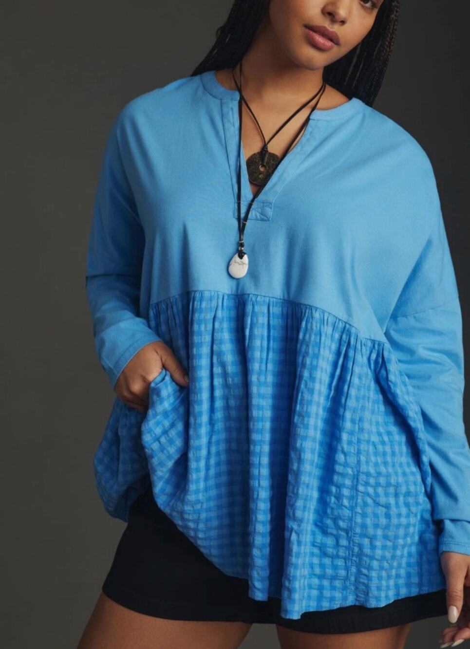 Anthropologie Pilcro Blue Gingham Babydoll Blouse V-Neck Long Sleeve Tunic Top S